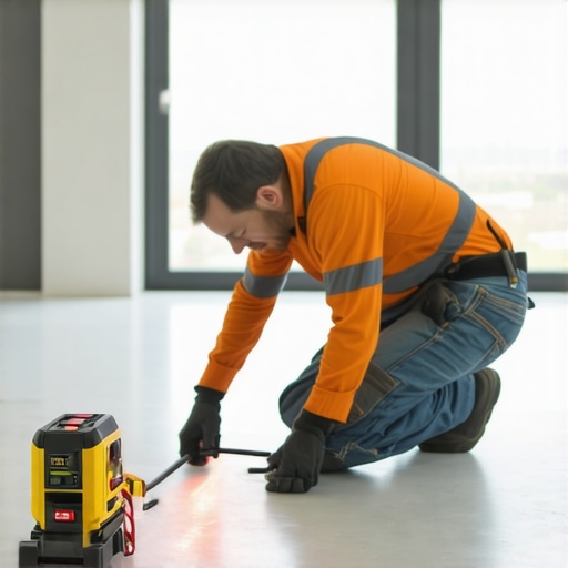 Professional installer with laser level and seam roller in modern room