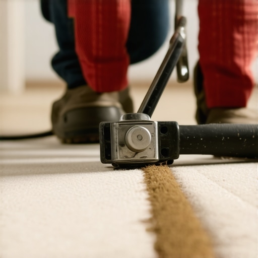 Close-up of precise measurement tools and installed baseboards and carpet in a modern home.