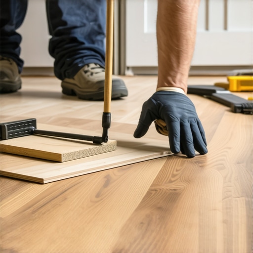 Close-up image of flooring installer using tools for precise installation