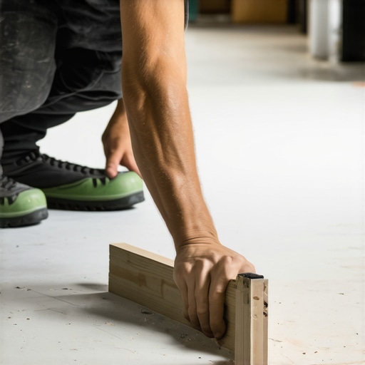 Close-up of a carpenter installing baseboards with a miter saw and finishing nails