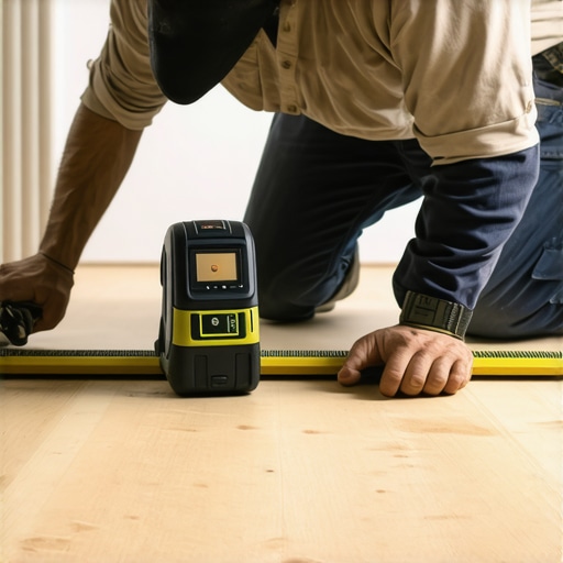 Professional using laser level and moisture meter during subfloor assessment