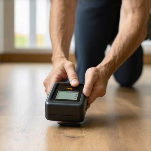 Homeowner checking moisture levels under hardwood flooring with a moisture meter in a bright living room