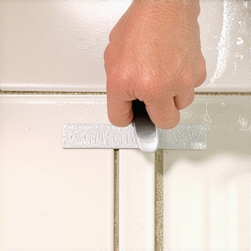 Close-up of a person applying adhesive with a notched trowel during flooring installation.