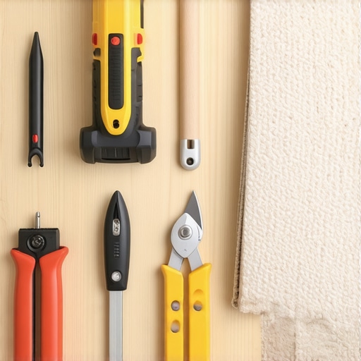 Tools and materials for professional carpet installation, including a power stretcher, utility knife, and padding.