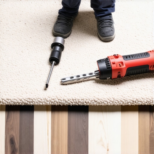 Carpet installation tools and process A detailed image showing the steps of professional carpet installation with tools and materials in use.
