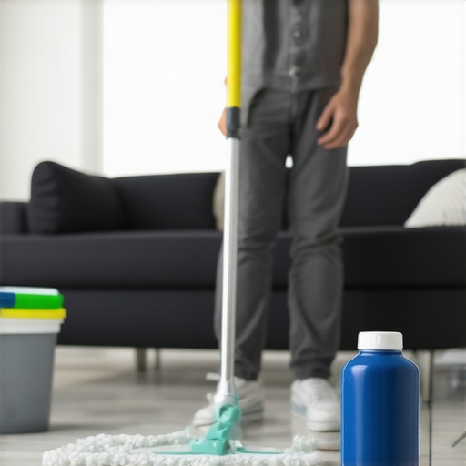 Effective Home Maintenance Tools in Action Homeowner cleaning and sealing flooring surfaces with proper tools in a bright, modern living room