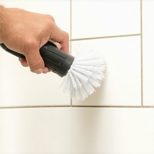 Handheld grout brush cleaning shower tiles for maintenance.
