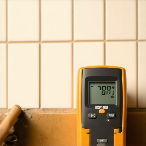 Moisture Meter in Use for Long-Term Home Maintenance A hand holding a digital moisture meter checking for water behind a tiled wall in a bathroom.