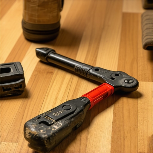 Detailed view of flooring planks being measured and fitted with tools.
