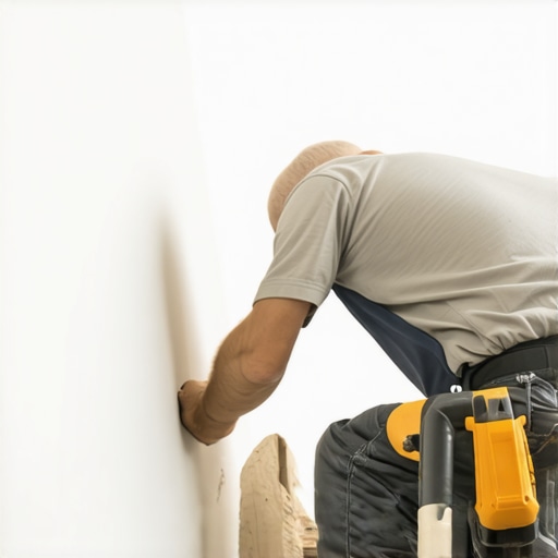 A craftsman accurately cutting and fitting a baseboard along uneven wall surfaces for a seamless finish.