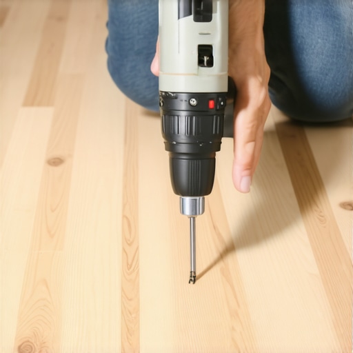 A homeowner fixing squeaky floorboards with a drill and screws.