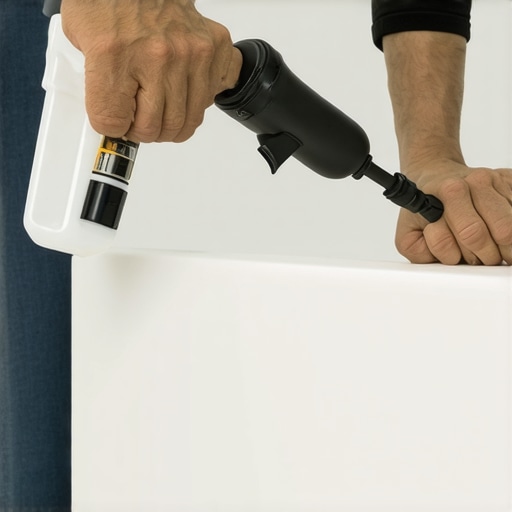 Hand applying waterproof sealant with caulking gun on bathroom shower bench