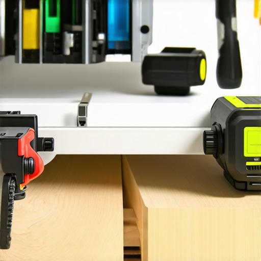 Tools like a miter saw and laser level laid out for home renovation projects.