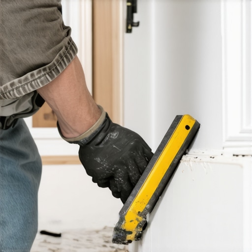 A carpenter carefully traces the wall's contour onto a wooden baseboard to ensure a perfect fit.