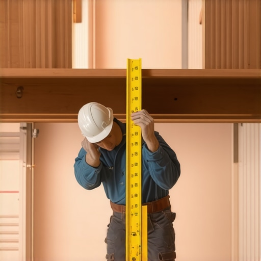 Close-up of a worker fitting support beams between joists in a basement.