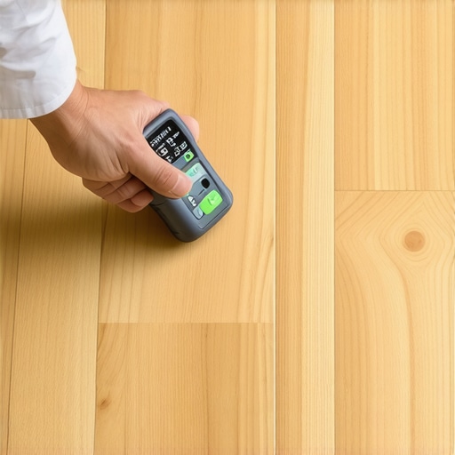 A person testing moisture levels in a wooden floor using a digital device to prevent warping