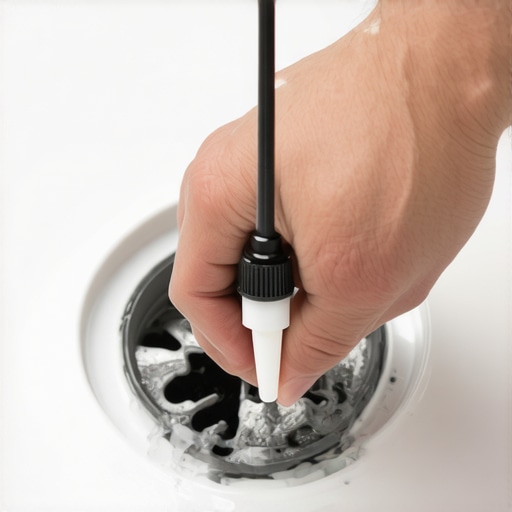 A hand applying waterproof sealant around a bathroom drain to prevent leaks