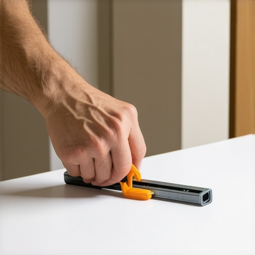 Hand holding flexible contour gauge and tracing uneven wall profile onto wood baseboard