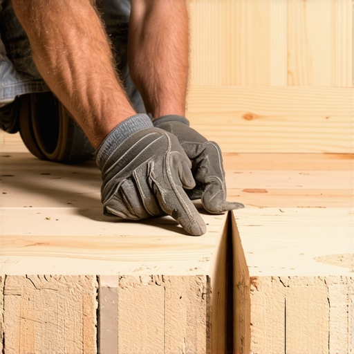 A worker inserting wood shims between floor joists for leveling