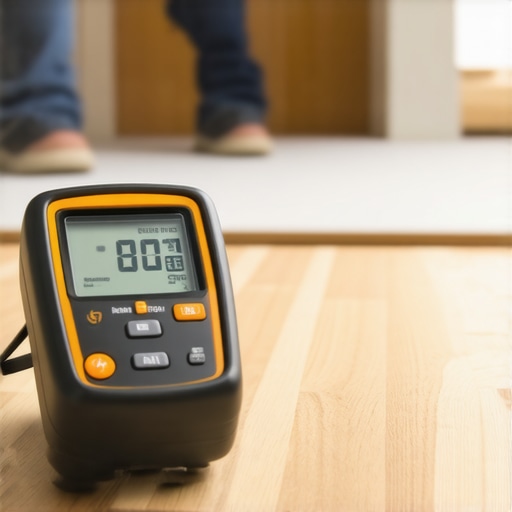 Person testing subfloor moisture levels with a digital moisture meter during home renovation.