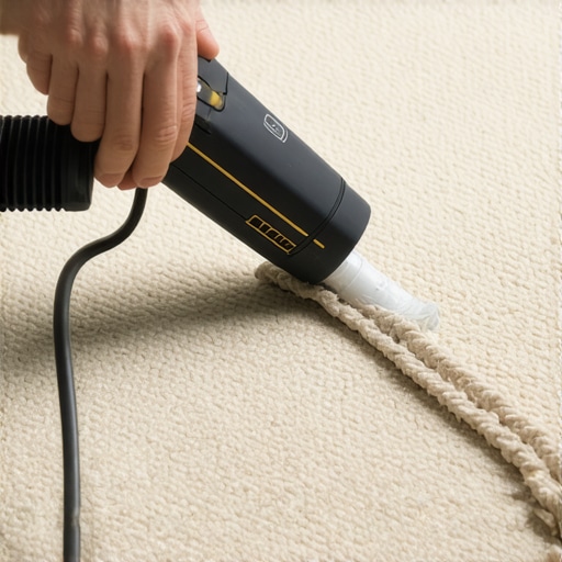 A hand using a hot iron on a carpet edge to seal a repair with heat-seam technique.