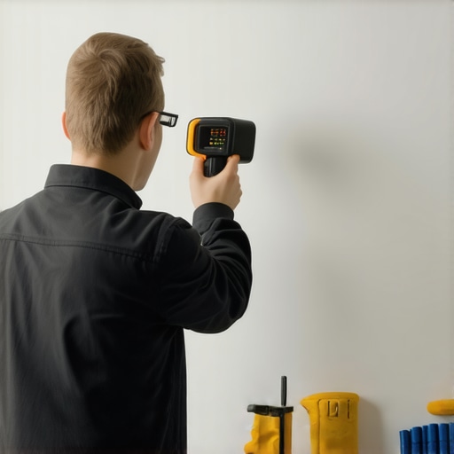 Person inspecting a bathroom wall with a thermal imaging device for moisture leaks.