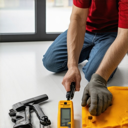 Person using a moisture meter to check bathroom flooring for water issues