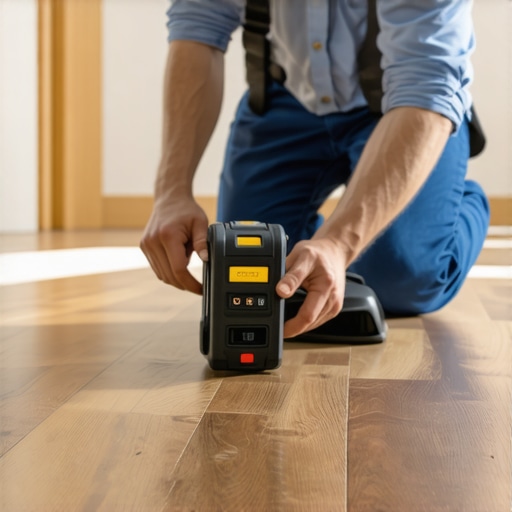A person checking flooring with a moisture meter and laser level to ensure long-term durability.