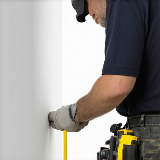 Worker measuring wall for accurate baseboard placement with precise tools.