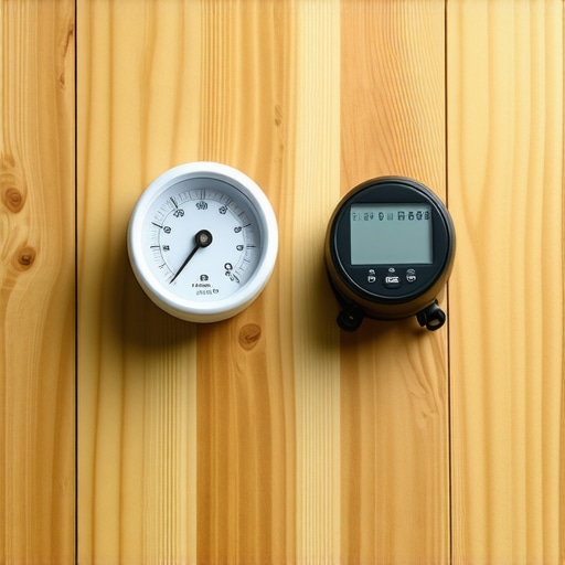 A hygrometer and moisture meter measuring moisture levels of hardwood flooring planks in a home