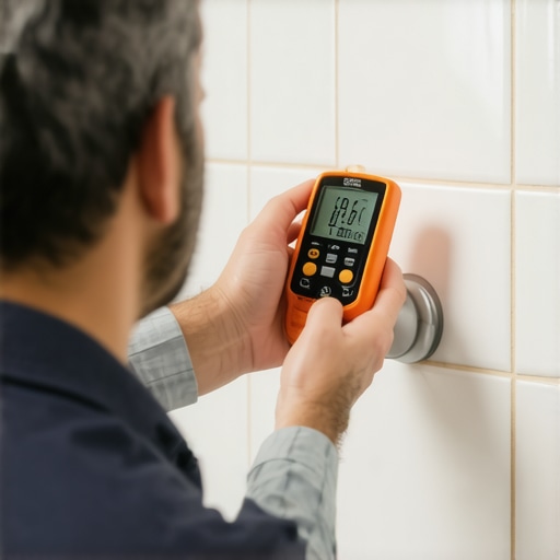 Homeowner checking shower moisture levels with a digital meter for maintenance.