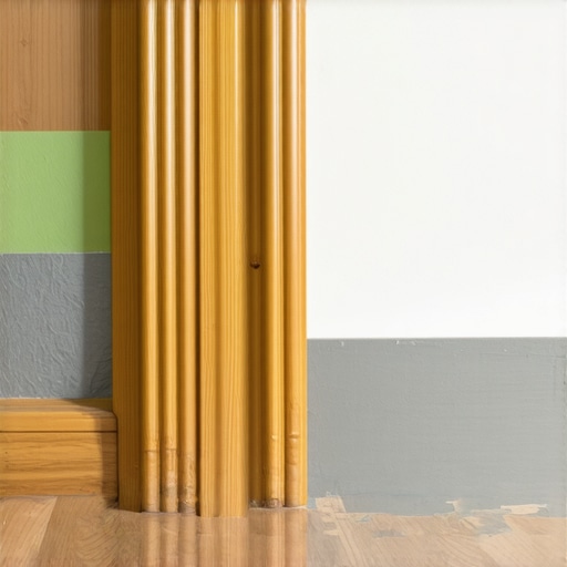 Close-up of a hand pressing foam gasket backing behind a wooden baseboard during a renovation project.