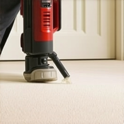 Professional using a heat seaming iron to activate carpet seam in a bright room.