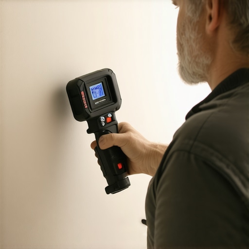 Homeowner uses digital level and caulking gun for bathroom upkeep.