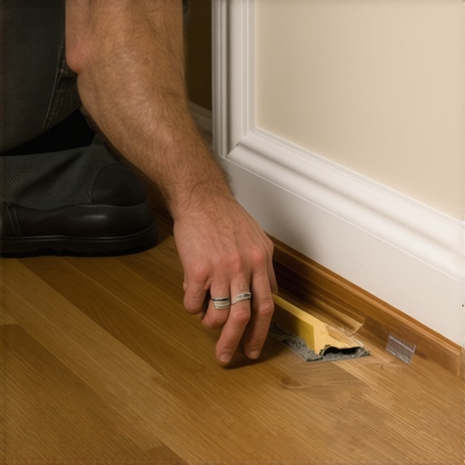 A person carefully placing shims behind a baseboard during installation on a tilted floor