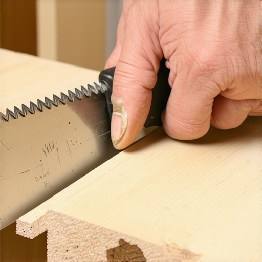 A craftsman's hand cutting a wooden baseboard with a fine-tooth saw for accurate fitting.