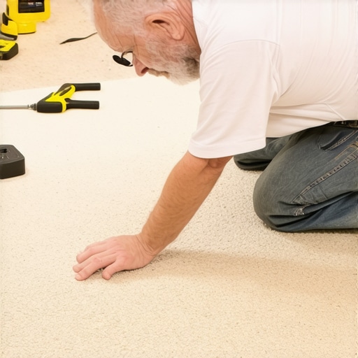 Close-up of hands aligning recycled fiber carpet seams with tools for a flawless finish