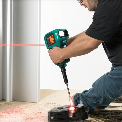 Technician using laser level for bathroom alignment