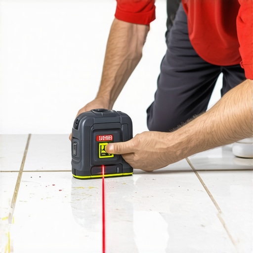 Homeowner aligning tiles with a laser level in a bright bathroom