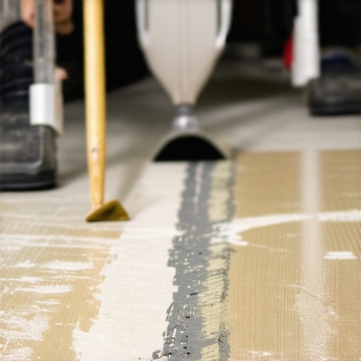 Contractor spreading self-leveling compound on a subfloor to fix bounce issues in vinyl flooring.
