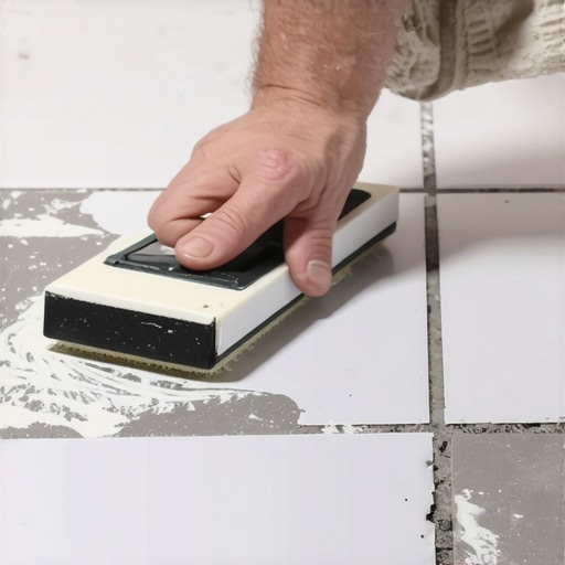 Person filling grout lines between tiles in a shower with a rubber float.