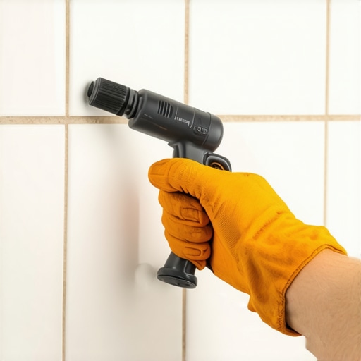 Close-up of a hand applying silicone sealant along bathroom shower seams with a caulking gun, smoothing tool, and painter's tape.