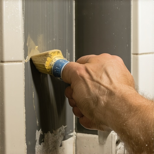 Hand applying waterproof membrane in shower corner for leak prevention