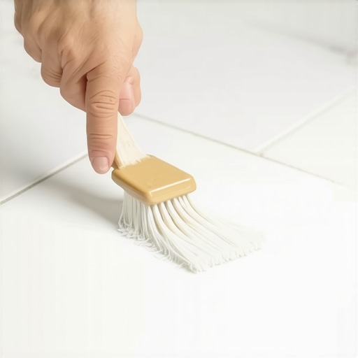 Person sealing bathroom grout lines using a brush to prevent water damage.