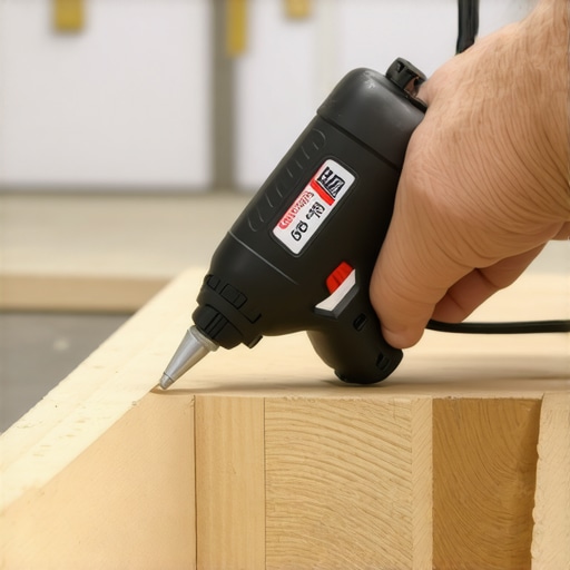 Person applying hot glue to a mitered corner of baseboard for a seamless finish