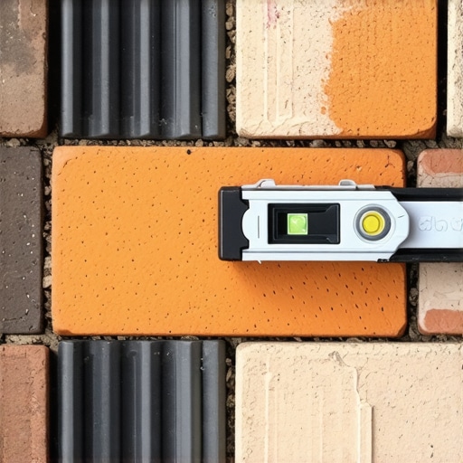 Bricks placed with a level on a shower pan demonstrating proper slope for drainage.