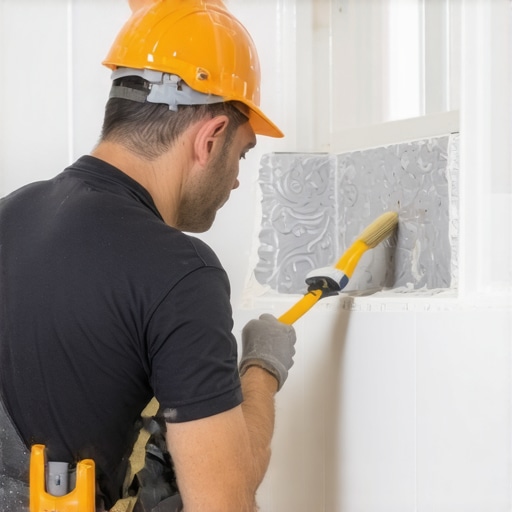 Close-up of professional applying waterproof membrane in shower niche