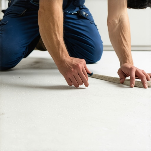 A skilled professional installing flooring and tiles with precision, emphasizing best practices.