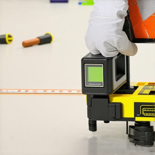 Calibrating a Laser Level for Precise Measurements Close-up of a person adjusting a laser level on a floor with tools nearby.