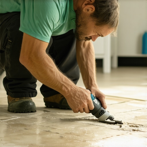 Careful grout maintenance with a multi-tool Person using oscillating multi-tool to fix bathroom tile grout.